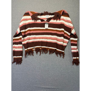 Women's rue21 Striped Distressed Sweater M Brown Pink White